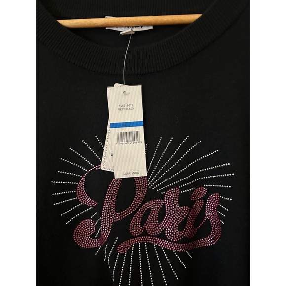 Women's Nanette Lepore Sweater XL Black Pink Paris Bling Rhinestone Logo - Picture 4 of 6